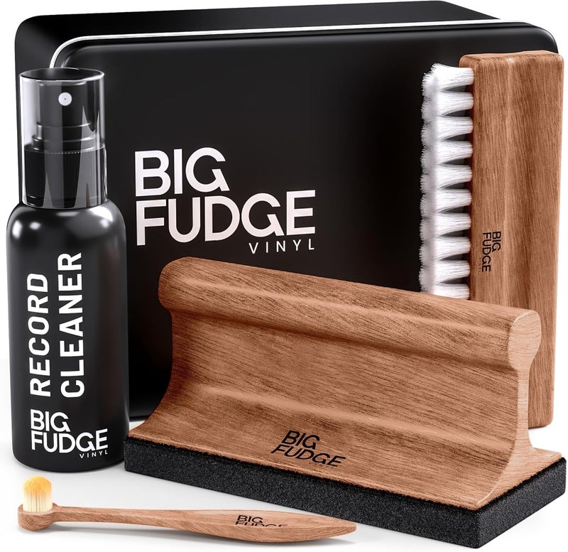 BIG FUDGE Vinyl Record Cleaning Kit - Collector's Edition - 100% Sapele Wood Vinyl Accessories - Velvet Vinyl Record Cleaner, Anti-Static Vinyl Brush, Stylus Brush and Vinyl Cleaner Solution w/Case - Image 1
